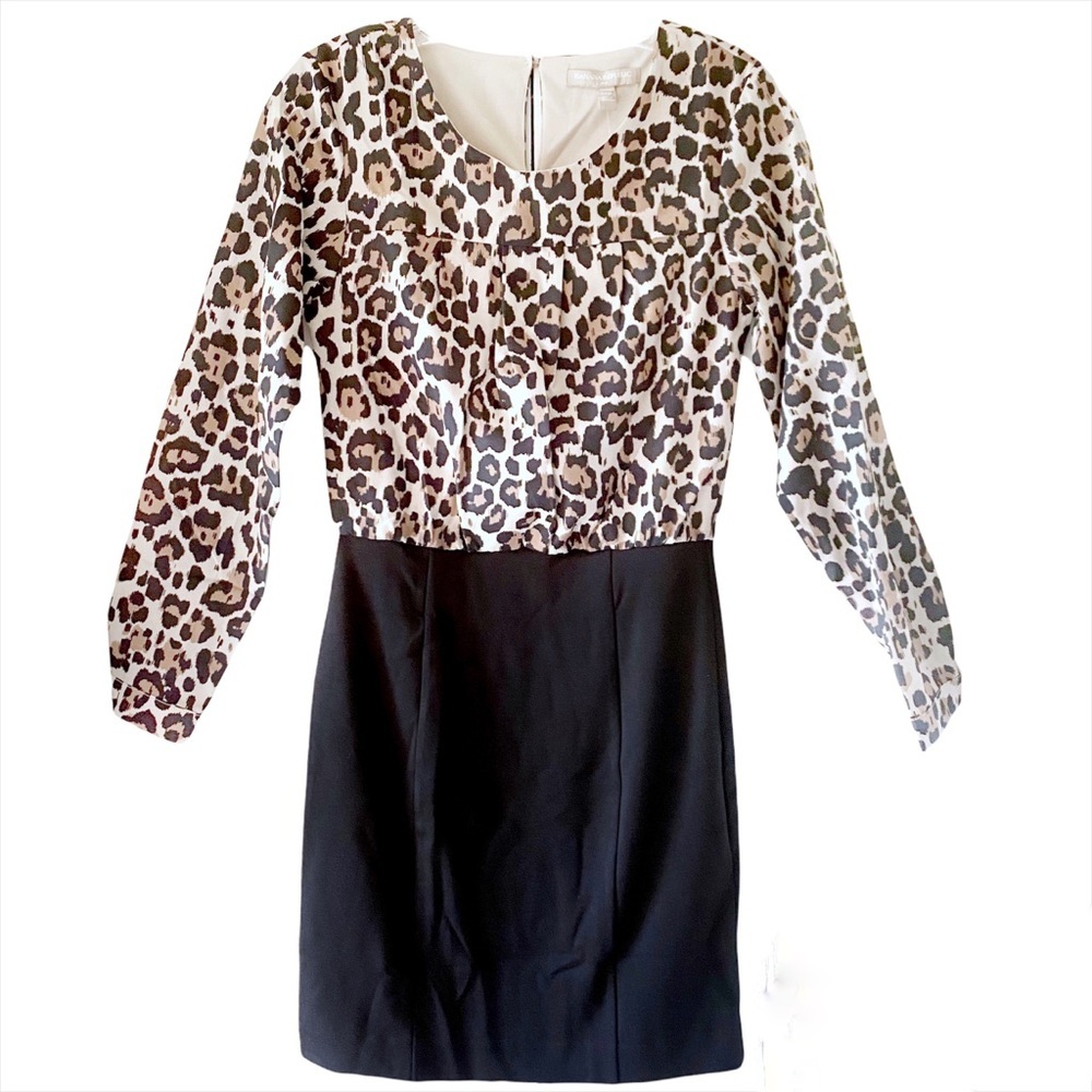 NWT Banana Republic Womens Black Beige Animal Print Long Sleeve Dress Sz 00P-2P